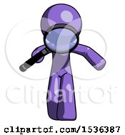 Purple Design Mascot Man Looking Down Through Magnifying Glass
