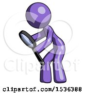 Purple Design Mascot Woman Inspecting With Large Magnifying Glass Left