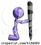 Purple Design Mascot Woman Posing With Giant Pen In Powerful Yet Awkward Manner Because Funny