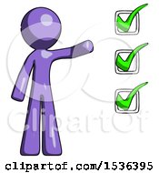Poster, Art Print Of Purple Design Mascot Man Standing By List Of Checkmarks