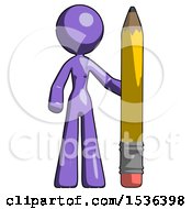 Poster, Art Print Of Purple Design Mascot Woman With Large Pencil Standing Ready To Write