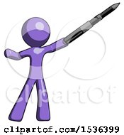 Purple Design Mascot Man Demonstrating That Indeed The Pen Is Mightier