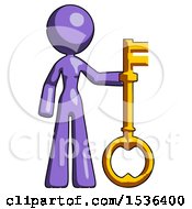 Poster, Art Print Of Purple Design Mascot Woman Holding Key Made Of Gold