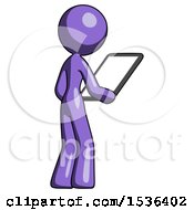 Purple Design Mascot Woman Looking At Tablet Device Computer Facing Away