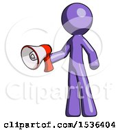 Purple Design Mascot Man Holding Megaphone Bullhorn Facing Right