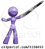Purple Design Mascot Woman Demonstrating That Indeed The Pen Is Mightier