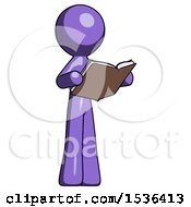 Poster, Art Print Of Purple Design Mascot Man Reading Book While Standing Up Facing Away