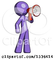 Purple Design Mascot Man Shouting Into Megaphone Bullhorn Facing Right
