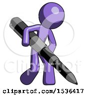 Purple Design Mascot Man Writing With A Really Big Pen