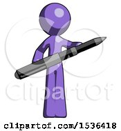Purple Design Mascot Man Posing Confidently With Giant Pen