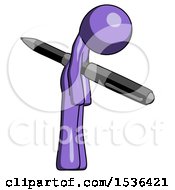 Purple Design Mascot Man Impaled Through Chest With Giant Pen