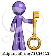 Purple Design Mascot Man Holding Key Made Of Gold