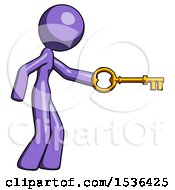 Purple Design Mascot Woman With Big Key Of Gold Opening Something