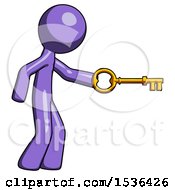 Purple Design Mascot Man With Big Key Of Gold Opening Something