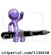 Purple Design Mascot Man Riding A Pen Like A Giant Rocket