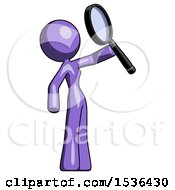 Poster, Art Print Of Purple Design Mascot Woman Inspecting With Large Magnifying Glass Facing Up