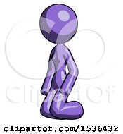 Purple Design Mascot Woman Kneeling Angle View Left