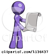 Poster, Art Print Of Purple Design Mascot Man Holding Blueprints Or Scroll