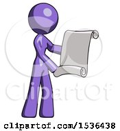 Poster, Art Print Of Purple Design Mascot Woman Holding Blueprints Or Scroll