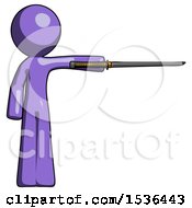 Purple Design Mascot Man Standing With Ninja Sword Katana Pointing Right