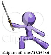 Purple Design Mascot Man With Ninja Sword Katana In Defense Pose