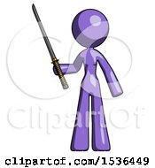 Purple Design Mascot Woman Standing Up With Ninja Sword Katana