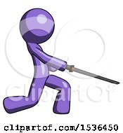 Poster, Art Print Of Purple Design Mascot Man With Ninja Sword Katana Slicing Or Striking Something