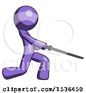 Purple Design Mascot Man With Ninja Sword Katana Slicing Or Striking Something