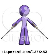 Purple Design Mascot Man Posing With Two Ninja Sword Katanas