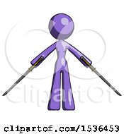 Purple Design Mascot Woman Posing With Two Ninja Sword Katanas
