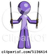 Purple Design Mascot Man Posing With Two Ninja Sword Katanas Up