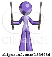 Poster, Art Print Of Purple Design Mascot Woman Posing With Two Ninja Sword Katanas Up