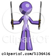 Purple Design Mascot Woman Posing With Two Ninja Sword Katanas Up