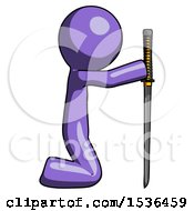 Poster, Art Print Of Purple Design Mascot Man Kneeling With Ninja Sword Katana Showing Respect