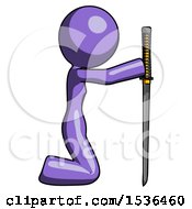 Poster, Art Print Of Purple Design Mascot Woman Kneeling With Ninja Sword Katana Showing Respect