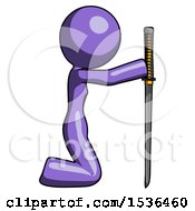 Purple Design Mascot Woman Kneeling With Ninja Sword Katana Showing Respect
