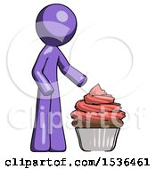 Purple Design Mascot Man With Giant Cupcake Dessert