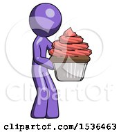 Poster, Art Print Of Purple Design Mascot Man Holding Large Cupcake Ready To Eat Or Serve