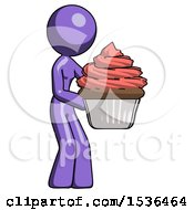 Purple Design Mascot Woman Holding Large Cupcake Ready To Eat Or Serve