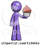 Poster, Art Print Of Purple Design Mascot Man Presenting Pink Cupcake To Viewer