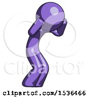 Purple Design Mascot Man With Headache Or Covering Ears Turned To His Right