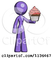 Poster, Art Print Of Purple Design Mascot Woman Presenting Pink Cupcake To Viewer