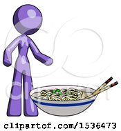 Purple Design Mascot Woman And Noodle Bowl Giant Soup Restaraunt Concept