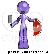 Poster, Art Print Of Purple Design Mascot Woman Holding Large Steak With Butcher Knife