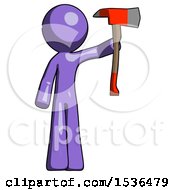 Poster, Art Print Of Purple Design Mascot Man Holding Up Red Firefighters Ax