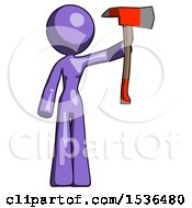 Poster, Art Print Of Purple Design Mascot Woman Holding Up Red Firefighters Ax