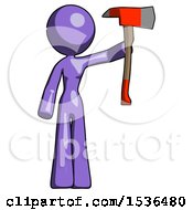 Purple Design Mascot Woman Holding Up Red Firefighters Ax