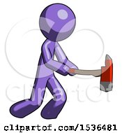 Purple Design Mascot Man With Ax Hitting Striking Or Chopping