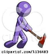 Purple Design Mascot Man Striking With A Red Firefighters Ax