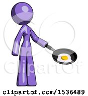 Poster, Art Print Of Purple Design Mascot Woman Frying Egg In Pan Or Wok Facing Right